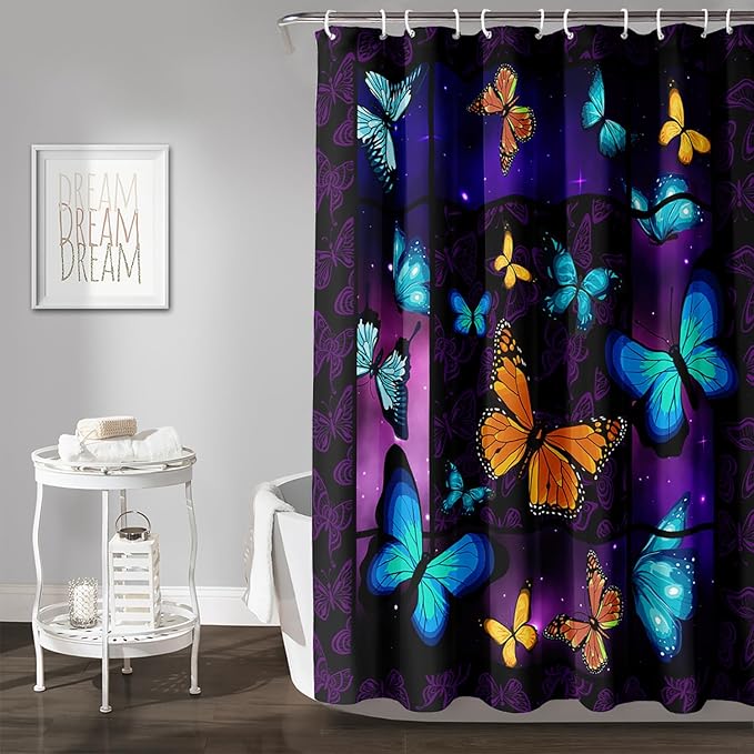 AILONEN Colorful Butterfly Shower Curtain,Animal Shower Curtain 48" W*72" H for Bathroom Decor,Mystic Purple Galaxy Butterfly Modern Shower Curtain Waterproof Bath Curtain with Grommets and 12 Hooks