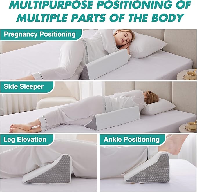 Wedge Pillow for Side Sleeping, Bed Wedge& Body Positioners, Back Pillow for Pregnancy, Back Pain, Leg Elevation and Side Sleepers, Memory Foam Body Pillow, Anti-Slip Base, White/Grey