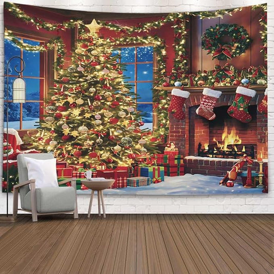 EMMTEEY Christmas Tree and Fireplace Warm Indoor Window Tapestry 60X50 Winter Backdrop for Wall Dorm Decor
