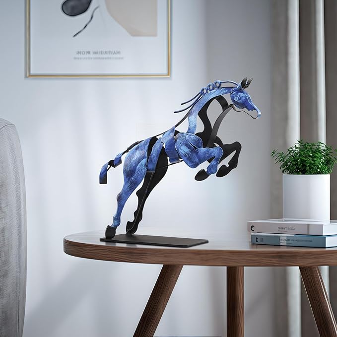 Horse Statue, Unique Metal Art Handmade Sculpture for Home Decor, Rustic Decor, Gifts for Horse Lovers (Blue)