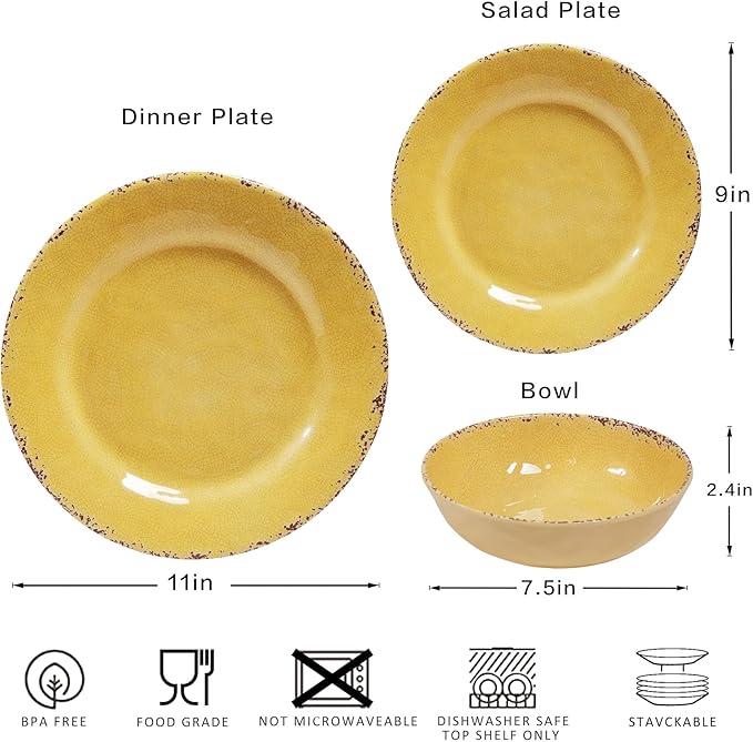 12-Piece Rustic Melamine Dinnerware Set With Dinner Plate, Salad Plate And Large Capacity All Purpose Bowls,Service for 4, Indoor And Outdoor Use, Yellow