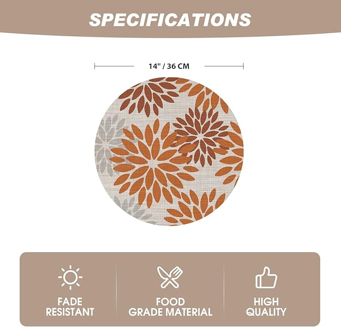 Artoid Mode Orange Dahlia Plastic Round Placemats Set of 4, 14 Inch Seasonal Wipeable Woven Vinyl Table Mats for Farmhouse Party Kitchen Dining Decor