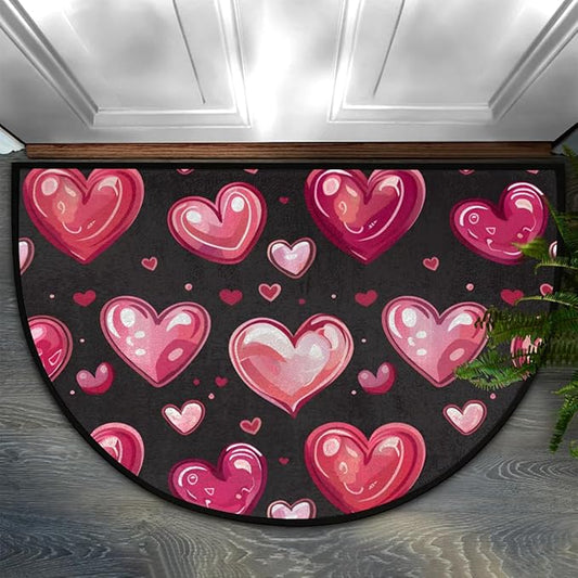 Half Round Black Door Mat Non Slip Bath Mats Love Heart Front Porch Rugs Cute Shower Mat for Living Room Bedroom Kitchen Bathroom Home Decor Gifts