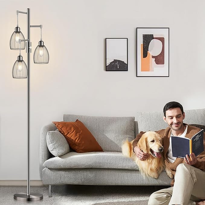 Dimmable Floor Lamp, Industrial Floor Lamps for Living Room, Brushed Nickel Tree Lamp Standing Lamp Tall Lamps with 3 Elegant Teardrop Cage Head & 800 Lumens LED Bulbs for Living Room Bedroom Office