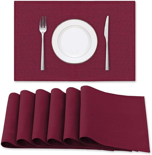 H.VERSAILTEX Linen Placemats Set of 6 Premium Solid Table Mats for Dining Table Spill-Proof Waterproof Heat-Resistant Kitchen Mats Washable, 12x18 inches, Christmas Red