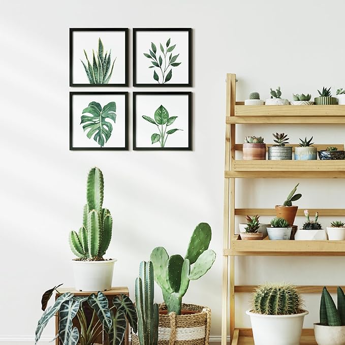 ArtbyHannah Framed Bathroom Wall Decor, Botanical Wall Art with Sage Green Plant Print for Bedroom Decoration, Minimalist Restroom Decor(Black, 8x8 Inch)