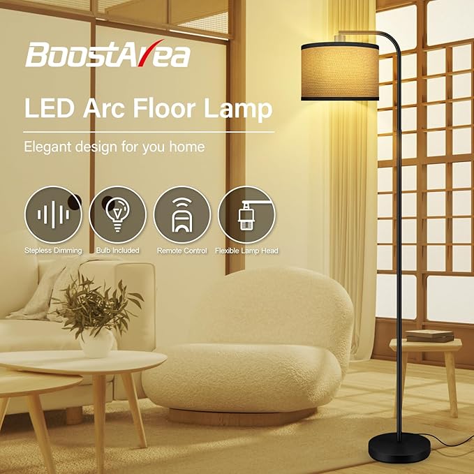 BoostArea Dimmable Floor Lamp for Living Room,Arc Sofa Lamps with Remote,Stepless Dimmable & Colors Temperature 2700k-6500k,67 in,Tall Flexible Head Standing Lamp for Bedroom Study Room Office,Jute