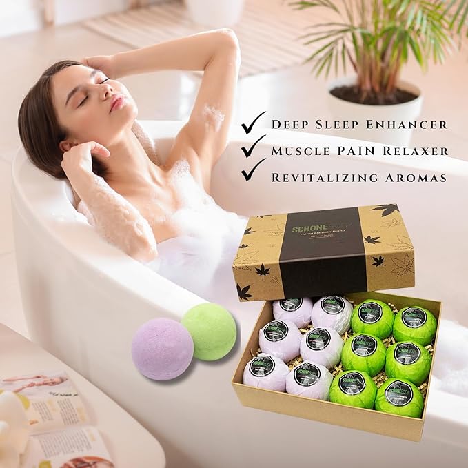 Hemp Bath Bombs by Schone Body, 2 Relaxing Scents of Refreshing Mint and Hemp Oil and Soothing Lavender and Hemp Oil. Made with Pure Essential Oil Vegan Set (Large 12 Pack, Bath Bombs), Green