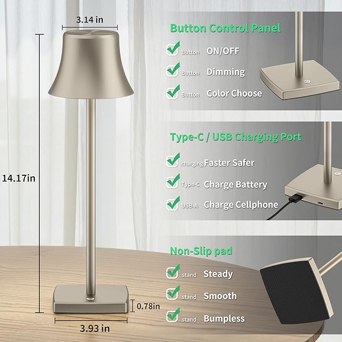 2 Pack LED Cordless Table Lamps Rechargeable,5000mAh Battery Operated Table Light,3 Color Stepless Dimming,Portable Small Desk Lamp in Aluminum for Party Patio Restaurant Indoor/Outdoor(Silver)