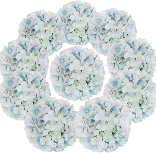 Flojery Silk Hydrangea Heads Artificial Flowers Heads with Stems for Home Wedding Decor,Pack of 10 (Lake Blue)