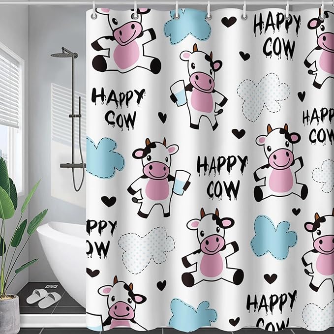 AILONEN Cute Cow Shower Curtain for Bathroom, Kids Children Cow Print Bathroom Curtain,Happy Cow Bath Curtain 48" W*72" H Polyester Waterproof Bathroom Curtain with 12 Hooks