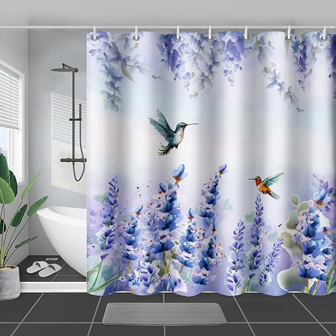 AILONEN Waterproof Floral Shower Curtain for Bathroom,Purple Blue Botanical Wisteria Lavender Flowers Shower Curtain,Watercolor Floral Decor Bathroom Polyester with Grommets and Hooks 72" W*96" H