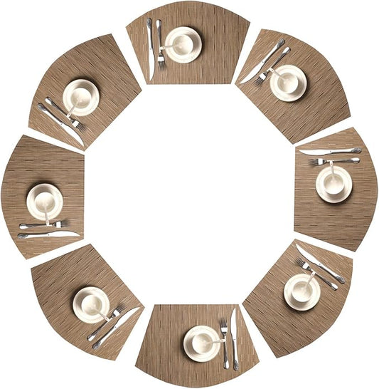 SHACOS Round Table Placemats Wedge Placemats Set of 8 Woven Vinyl Curved Table Mats Washable Indoor Outdoor (8, Tan)