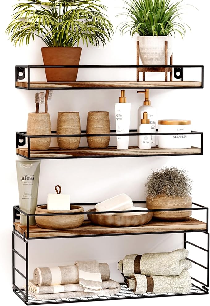 Wall Mounted Bathroom Shelves Over Toilet, Farmhouse Wall Floating Shelf with Guardrail, Bathroom Decor for Bedroom Living Room Kitchen, Rustic Brown (16.2 Inch Set of 3)