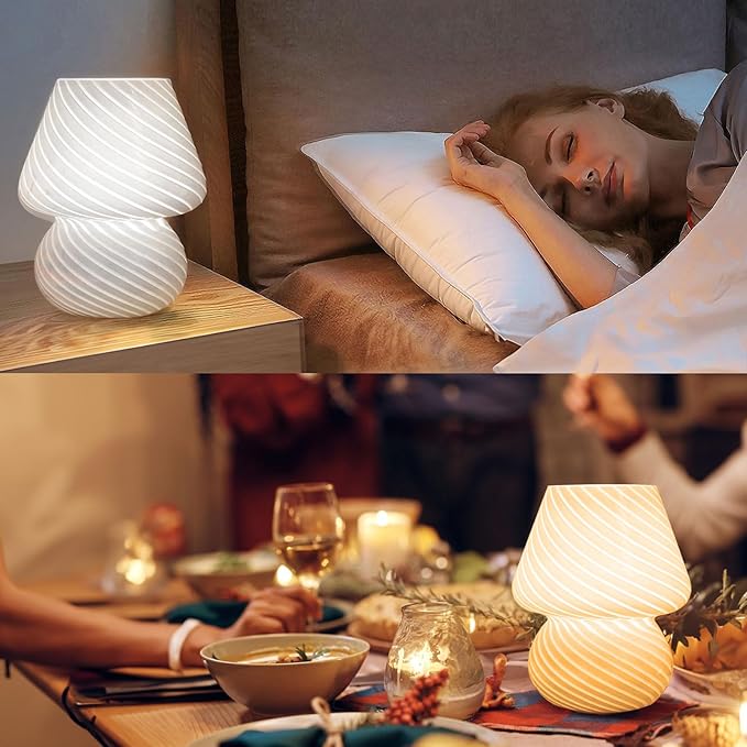 USB Plug-in Mushroom Lamp Small Bedside Table Lamp with 3 Temperature LED Bulb,Free Dimming Nights Light for Bedroom/Living Room/Entryway/Corner Decor (Stripe White)