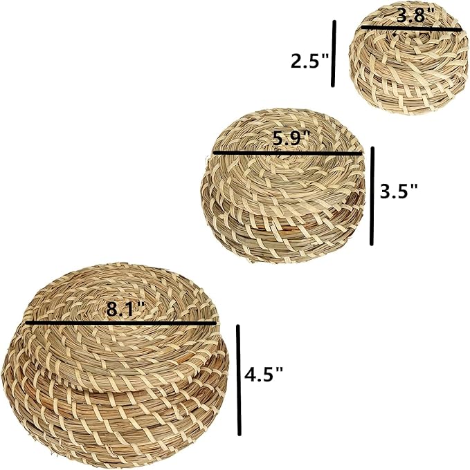 Dicunoy Set of 3 Small Wicker Basket with Lid, Round Woven Seagrass Baskets, Little Handmade Rattan Storage Basket Box for Shelf, Home, Bathroom Decor