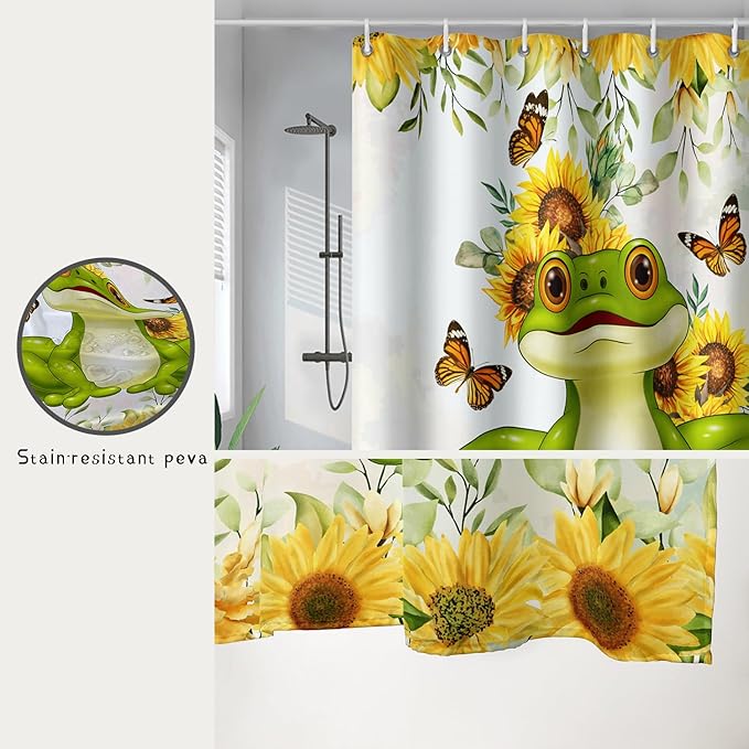 AILONEN Cartoon Frog Shower Curtain Yellow Sunflower Shower Curtain 72" W*84" H,Wildlife Frog Modern Botanical Floral 3D Printed Animal Bathroom Decor Shower Curtain with 12 Hooks