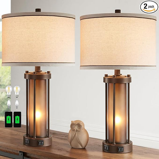 RORIA Set of 2 Farmhouse Table Lamps for Living Room with 2 USB Ports, Vintage Rustic Nightstand Lamps with Amber Glass Nightlight, Retro Desk Lamps for Bedroom Entryway, 4 Bulbs Included (Brown)