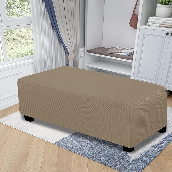 Easy-Going Stretch Ottoman Cover Folding Storage Stool Furniture Protector Soft Rectangle Slipcover with Elastic Bottom (Ottoman XX-Large, Natural)
