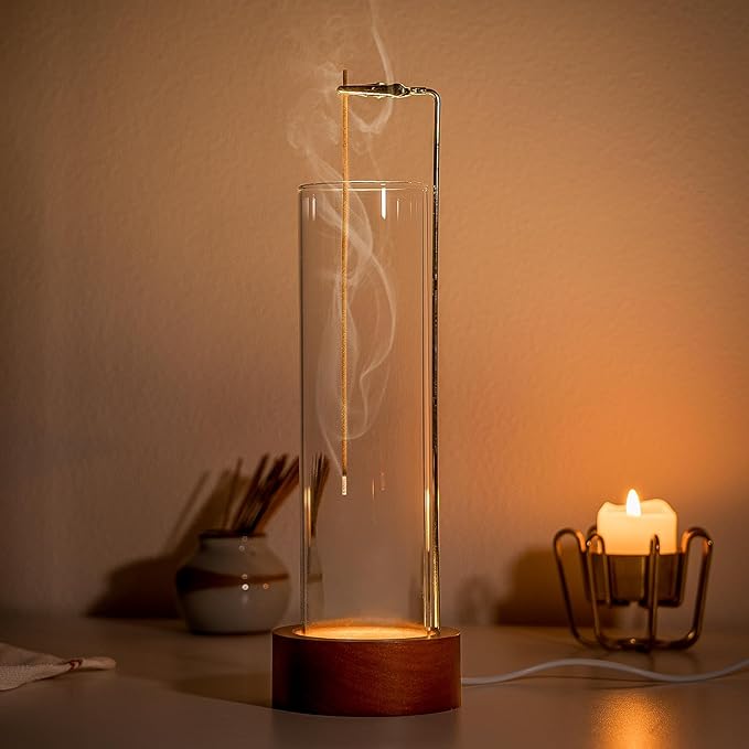 Incense Holder for Sticks, USB Powered Luminous Base, Anti-Ash Flying Incense Burner with 30 Incense Sticks, Detachable Glass Ash Catcher