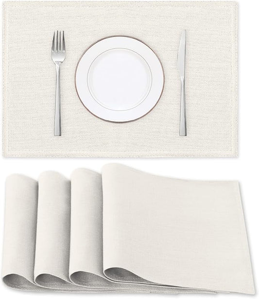 H.VERSAILTEX Linen Placemats Set of 4 Premium Solid Table Placemats for Dining Table Spill-Proof Waterproof Table Mats Heat-Resistant Kitchen Table Mats Washable, 12x18 inches, Ivory