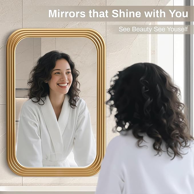 40x28 Inch Rectangle Wall Mirror with Wood Frame,Glod Rounded Corners,Wall Mounted for Bathroom Vanity,Living Room,Bedroom,Entryway
