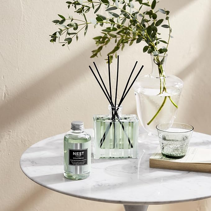 NEST New York Reed Diffuser, Wild Mint & Eucalyptus - 5.9 fl oz - Fragrance for Up to 90 Days - Reusable, Refillable Glass Holder - Includes 8 All-Natural Reed Sticks - Flame Free