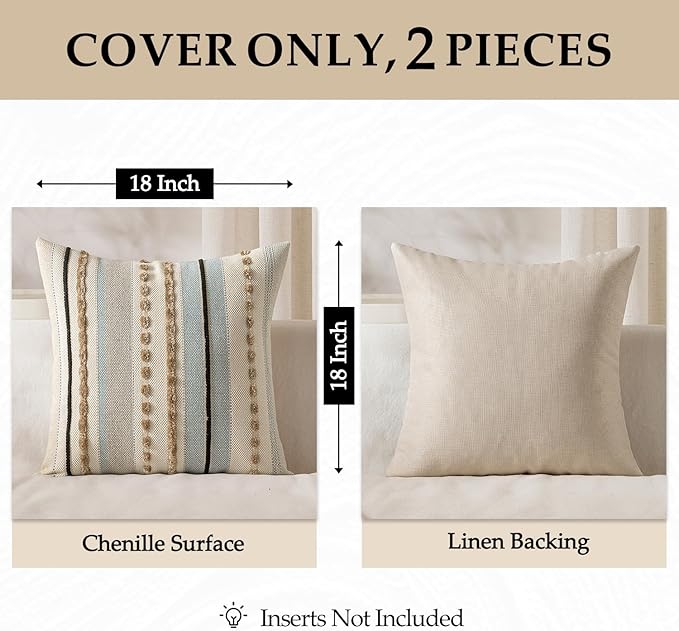ANRODUO Pack of 2 Boho Decorative Throw Pillow Covers 18x18 Farmhouse Cushion Case Striped Chenille Pillow Cases Square Pillow Covers Accent Neutral Pillowcase for Sofa Couch Bed, Light Blue Stripe
