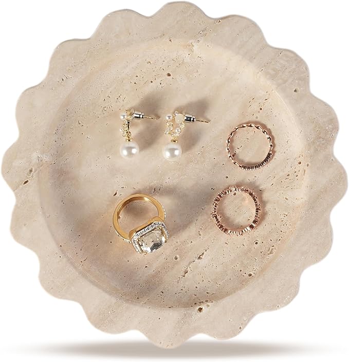Koville Travertine Jewelry Dish, 5.51" Round Trinket Dish for Ring Necklace Earring Perfume, Natural Stone Decorative Tray for Countertop Bathroom Kitchen Dresser, Beige Travertine Tray