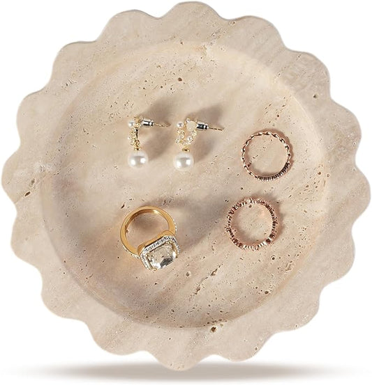 Koville Travertine Jewelry Dish, 5.51" Round Trinket Dish for Ring Necklace Earring Perfume, Natural Stone Decorative Tray for Countertop Bathroom Kitchen Dresser, Beige Travertine Tray