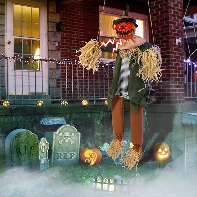 Scary Halloween Decorations - Outdoor Hanging Swinging Pumpkin with Sound & Slap Activated, Light Up Eyes Creepy Sound Expressions, Large Scary Decor Props for Indoor & Outdoor