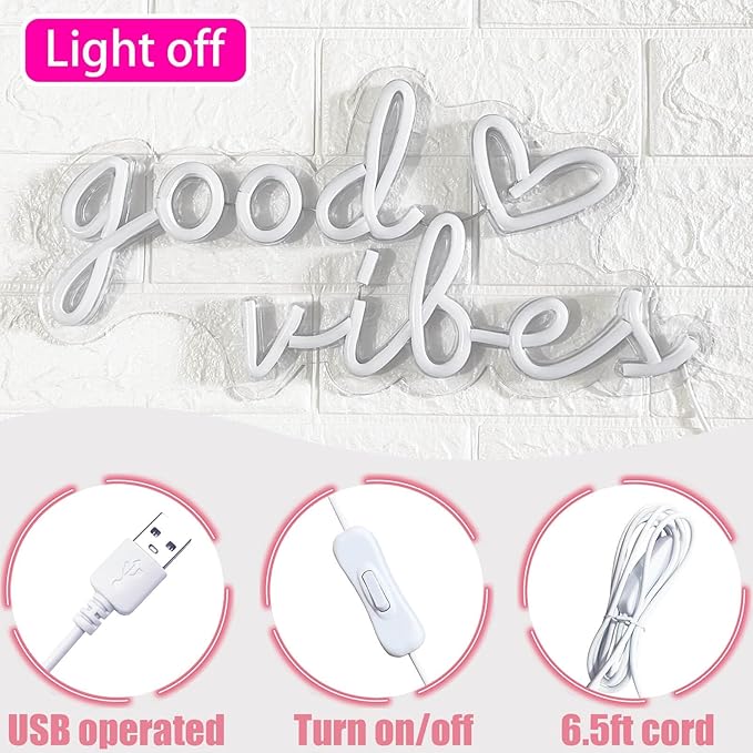 Good Vibes Neon Sign for Wall Decor, Good Vibes Neon Lights Sign, 16"x8" Heart and Good Vibes LED Signs for Bedroom Wall, USB Operated Pink Goodvibes LED Neon Lights Sign for Room Wall Decor