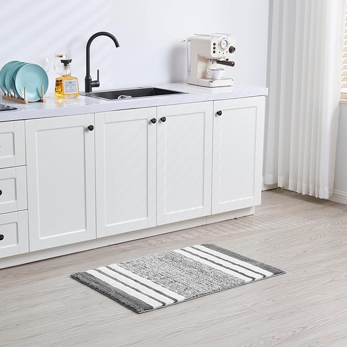 CozeCube Grey Striped Bath mats for Bathroom Non Slip, Fluffy Absorbent Microfiber Bath mat Washable, Aesthetic Bathroom Rugs, Large Bath mat for Sink, 36" x 24"