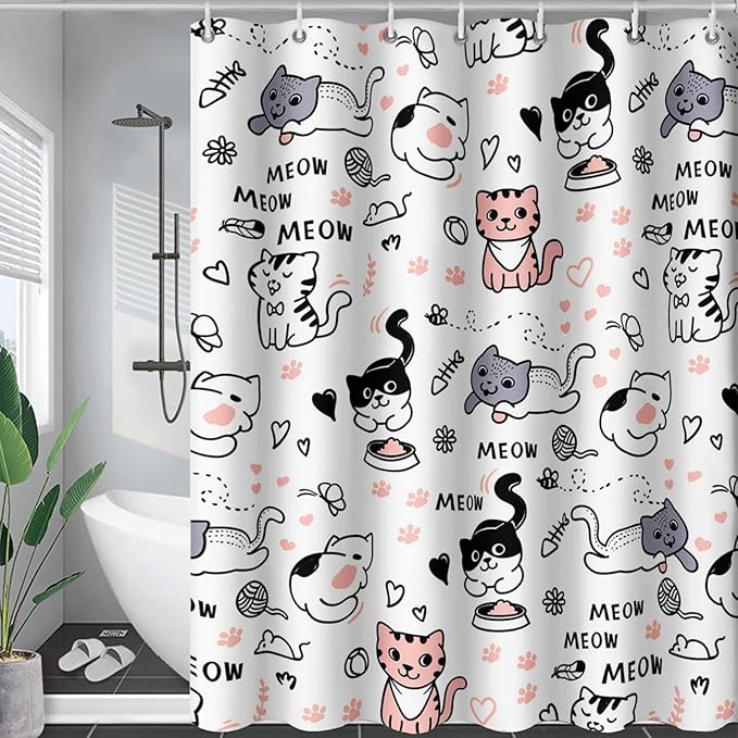 AILONEN Cat Shower Curtain, Cute Cat Cartoon Pet Cat Kitten Bathroom Curtain,Cat Paw Print Cat Lover Bath Curtain 72" W*72" H Polyester Waterproof Bathroom Curtain with 12 Hooks