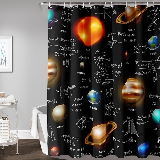 AILONEN Solar System Shower Curtain,Math Galaxy Planet Bath Curtain for Bathroom Decor,Polyester Waterproof with 12 Plastic Hooks 72" W*72" H