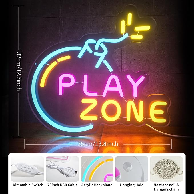 Play Zone Neon Sign for Wall Decor, Bomb Gamer Neon Light for Man Cave, LED Sign with Dimming Switch for boys Kids, Teen Gaming Room, Bedroom, Bar Decor, Party & Holiday Decorations, 5V Power Adapter