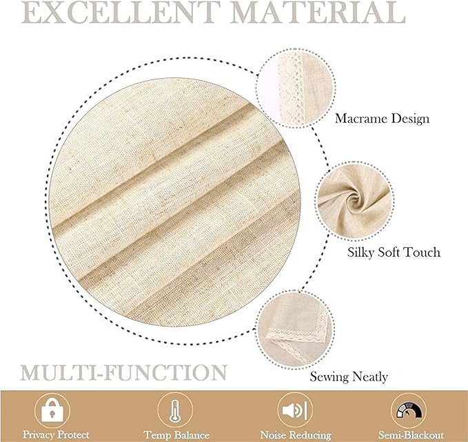 ColorBird Farmhouse Linen Curtains 84 inches Long, 2 Panels Macrame Trim Light Filtering Curtains Rustic Rod Pocket Window Treatments for Dining Living Room Bedroom Doorways