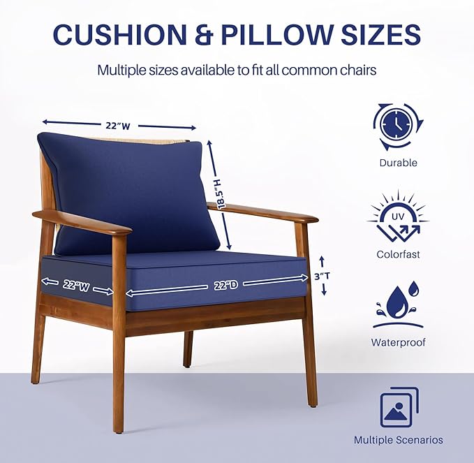 Outdoor Chair Cushion Set 22 x 22 Inch Waterproof Fade Resistant Patio Furniture Cushions with Handle and Adjustable Straps Back Seat Cushions for Wicker Seat and Couch
