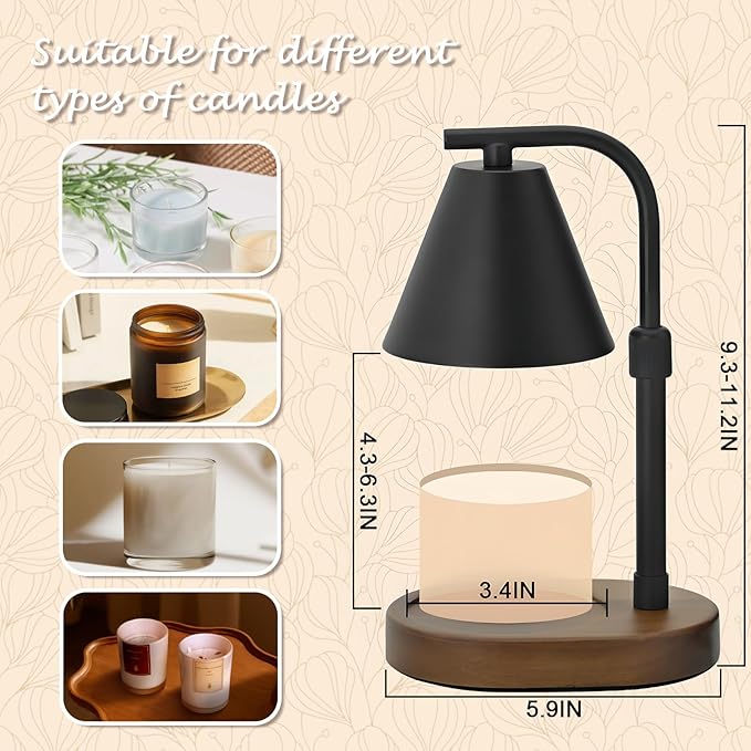 SOKCVSEA Candle Warmer Lamp - Candle Warmer Compatible with Jar Candles, Home Decor Jar Adjustable Candle Warmer Lamps Vintage Wooden Base (Adjustable Round Black)