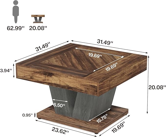 Tribesigns Square Coffee Table, Wood Center Table for Living Room, 31.5" Modern Cocktail Tea Accent Table, Rustic Brown & Black