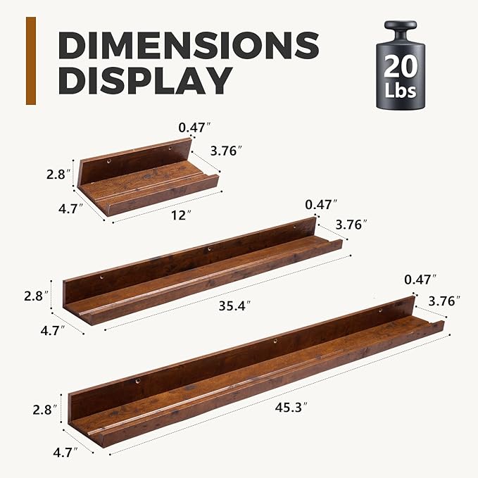 Muzilife 12" Small Floating Wall Ledge Shelves with Lip - Set of 2 Wood Floating Shelves - Honey Brown Wall Mounted Picture Ledge for Office, Bathroom, Bedroom, Living Room, Kitchen