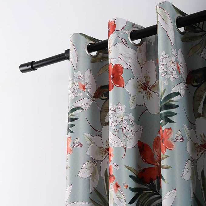 Leeva Room Darkening Curtains for Bedroom, Spring Flowers and Leaves Print Thermal Insulated Light Reducing Drapes for Dining Room, 2 Panels, 52 x 84, Green