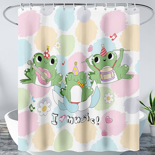 AILONEN Frog Shower Curtain, Cute Frog Bathroom Curtain,Music Frog Green Cartoon Kids Shower Curtain 72" W*84" H Polyester Waterproof Frog Bathroom Curtain with 12 Hooks
