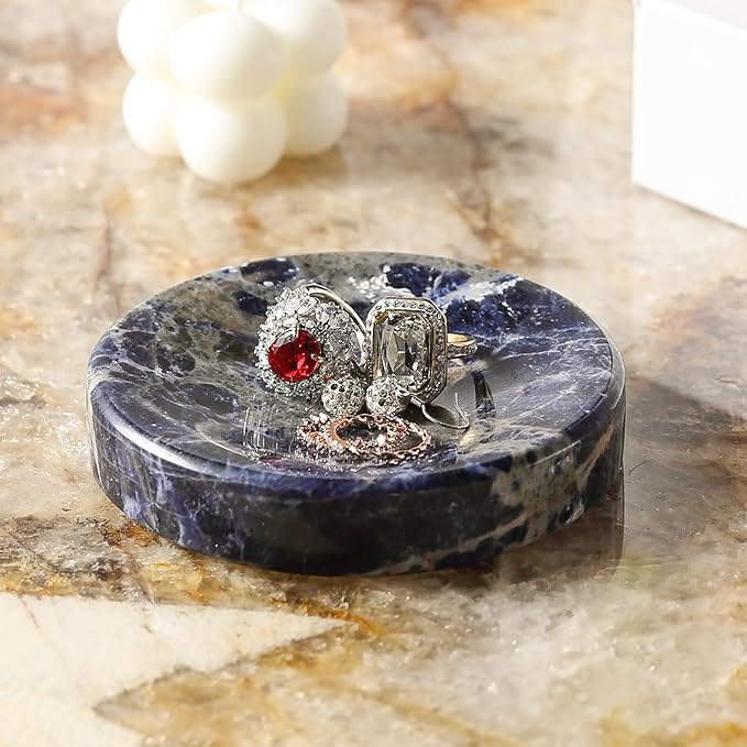 Koville Marble Jewelry Dish, Small Round Trinket Dish for Ring Necklace Earring, 4" Decorative Dish, Aesthetic Home Table Decor, Natural Stone Soap Dish for Bathroom Kitchen (Blue)