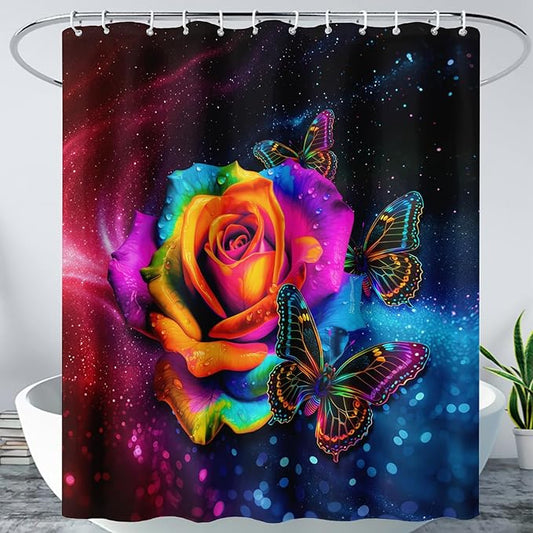 AILONEN Colorful Rose Shower Curtain for Bathroom Decor,Butterfly Galaxy Rose Flower Bath Curtain for Girls Women,Modern Romantic Curtain Waterproof with 12 Plastic Hooks, 36" W*72" H