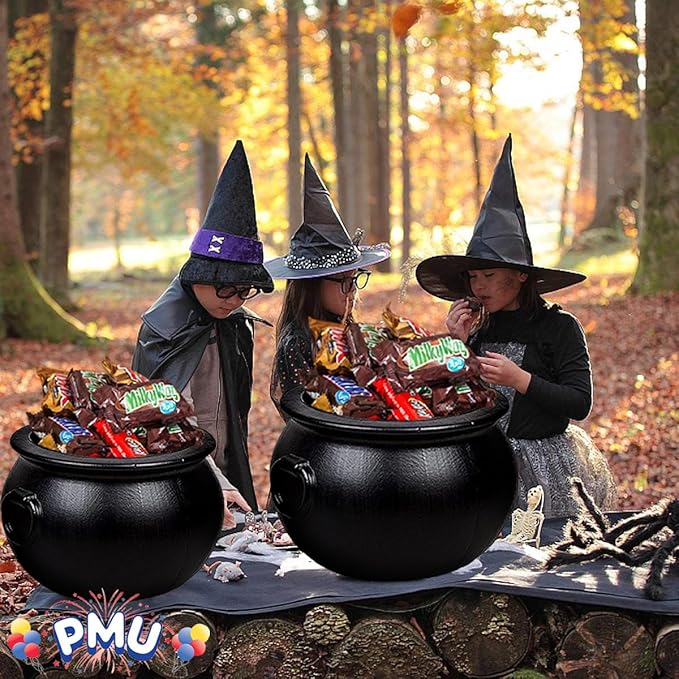 PMU 2pc Halloween Cauldron - Multi-Pack Assortment Plastic Candy Holder for Kids - Halloween Party Favors & Supplies - Black - (1) 16" 20115, (1) 12" 55120