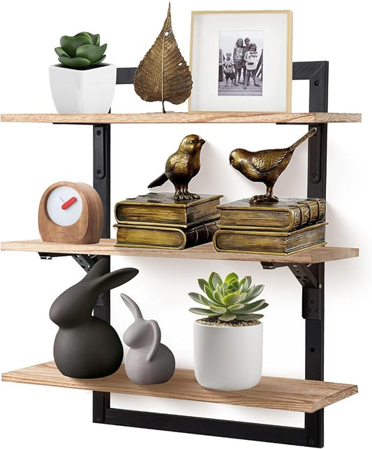 24-Inch Floating Shelves for Wall，3-Tier Wooden Wall Mounted Kitchen Shelves with Foldable Brackets,Hanging Wall Shelves for Living Room, Coffee Bar，Bedroom, Bathroom,Rustic Brown
