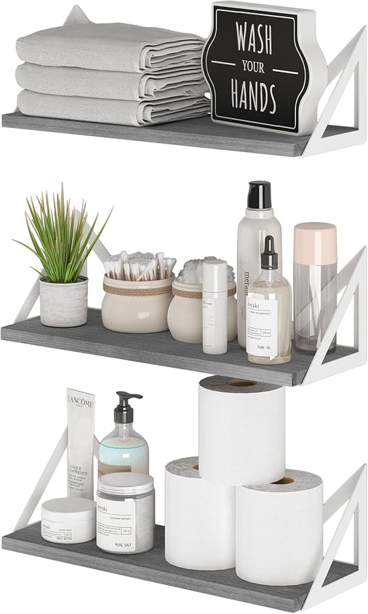 Wallniture Minori Gray Floating Shelves for Wall, Bathroom Shelves Over The Toilet Storage, Wood Wall Shelf for Bedroom, Living Room, Kitchen, Set of 3