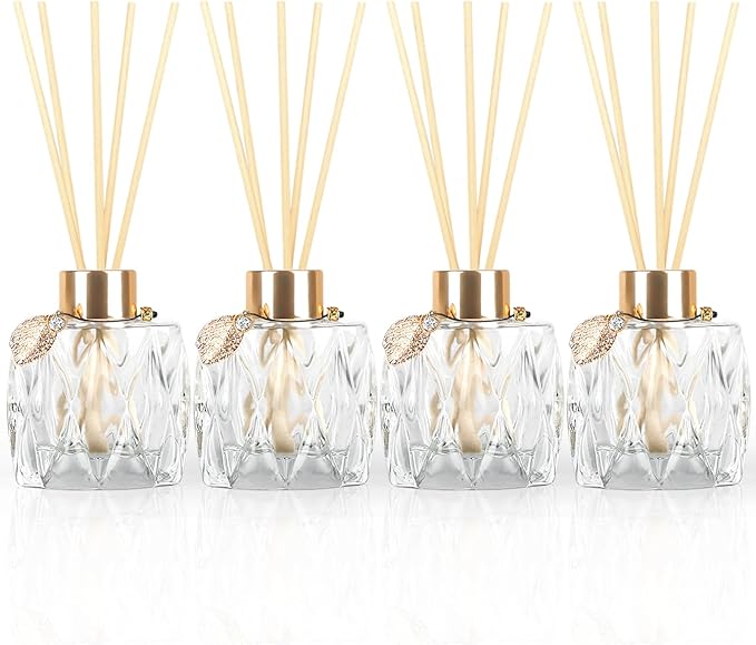4Pcs Reed Diffuser Set with Metal Golden Decoration, 3.5oz Empty Reed Diffuser Bottles with 20Pcs Reed Diffuser Sticks, Unique Design Bottles for Home and Office(Prismatic)