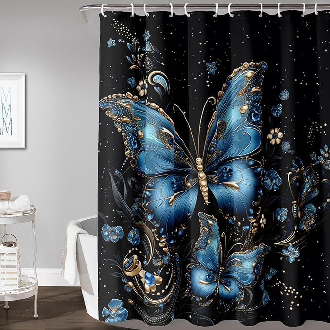 AILONEN Butterfly Shower Curtain for Bathroom, Blue Butterfly Waterproof Shower Curtain,Modern Fashion Minimalist Shower Curtain Bathroom Decor with 12 Plastic Hooks 72" W*96" H